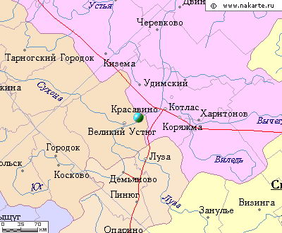 Карта на границе Архангельской и Вологодской областей.